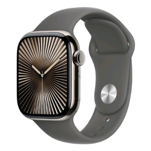 Apple Watch Series 10 (GPS + Cellular) - 42 mm - natural titanium - smartwatch con fascia sportiva - fluoroelastomero - grigio pietra - dimensione della fascia: S/M - 64 GB - LTE, Wi-Fi 4, UWB, Bluetooth - 4G - 34.4 g